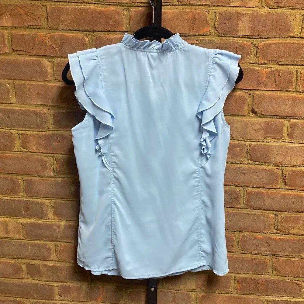 Blue Ruffle Sleeve & Ruffle Neck  Button Down Top Size Medium - Picture 4 of 4